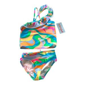 Cat & Jack Toddler Girls Ruffle Colorful Swirl Pattern UPF 50 Tankini Set Sz 3T